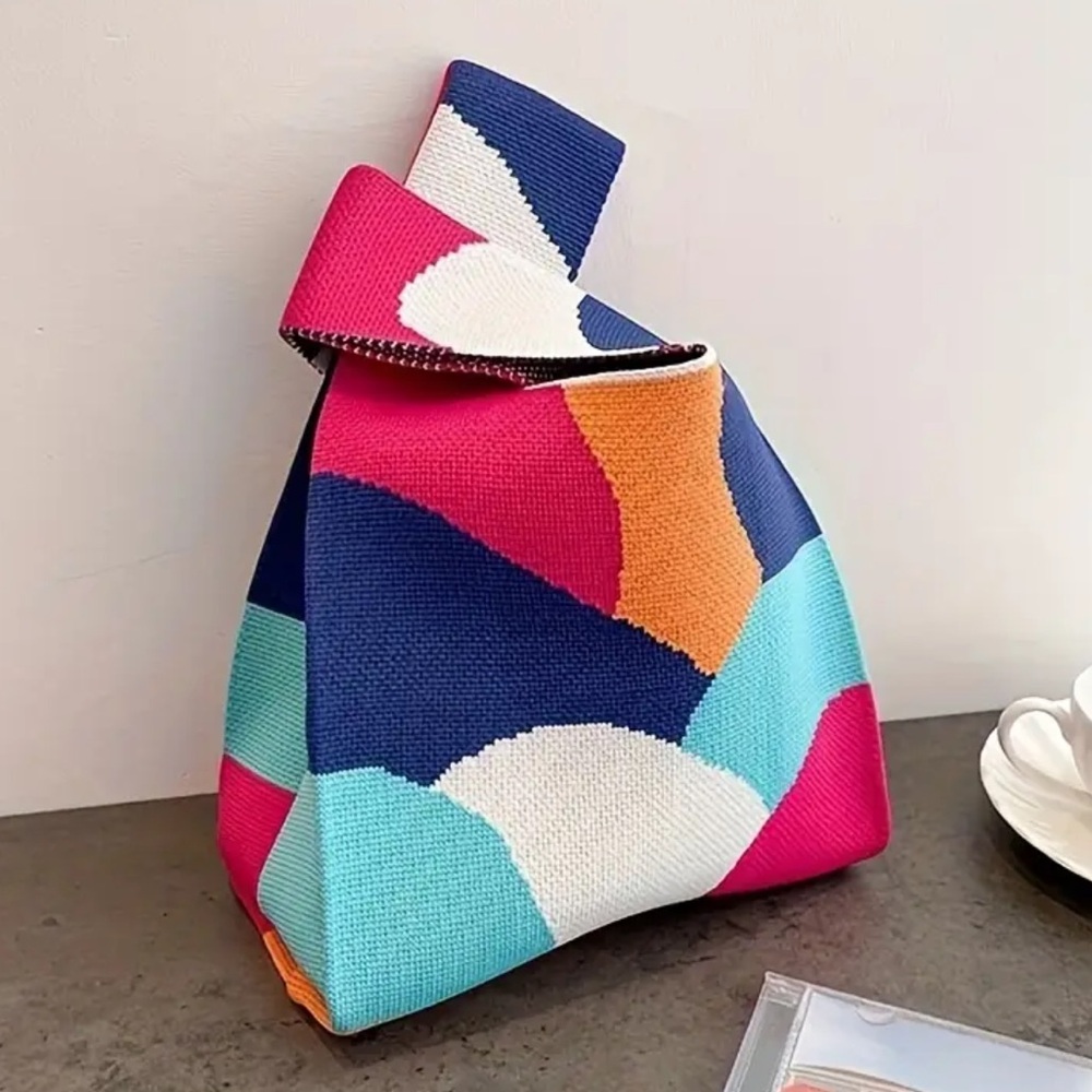 Heavy Woven Knit Geometric Pattern Tote Purse Bag Japanese Knot  Closure Style